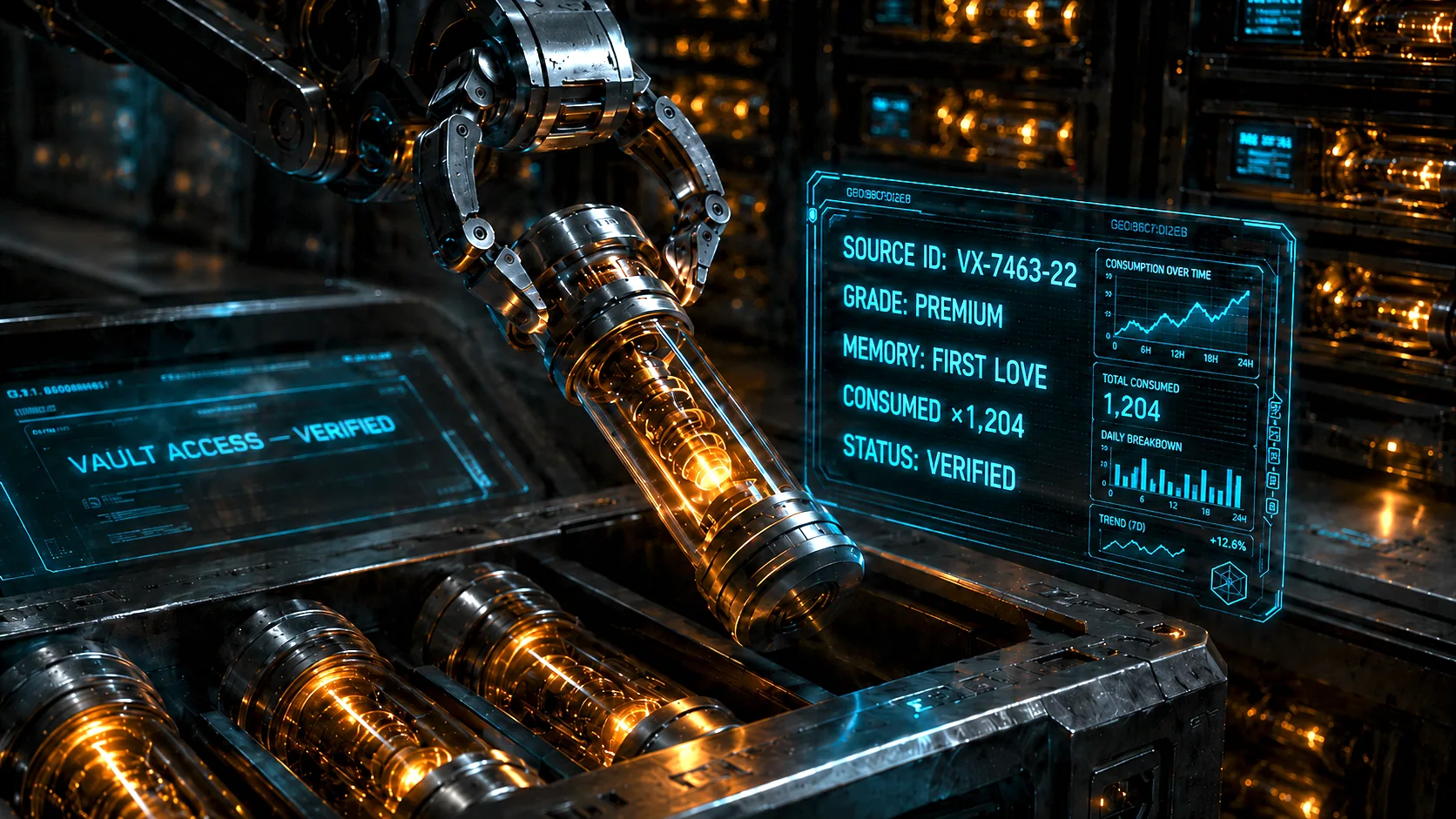 A robotic arm lifting a glowing memory capsule above vault trays in SOLD