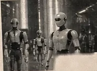 AI-generated editorial illustration of humanoid robots, not an event photograph