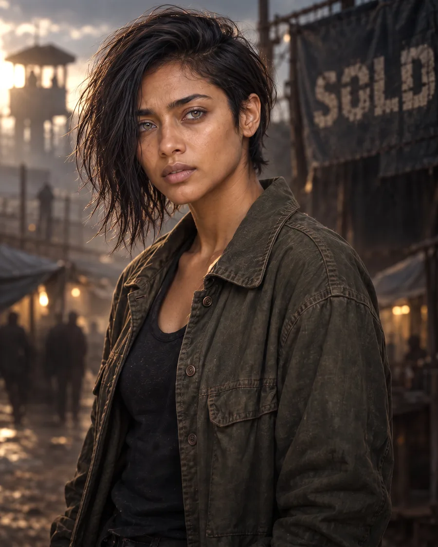 Nova, a young woman in an olive utility jacket, standing in a sunlit camp in SOLD